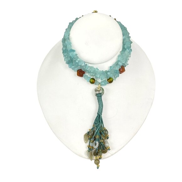 Handcrafted Blue Aquamarine Chip Bead Jade Nephrite Necklace With Tassel Multi-S - Picture 6 of 11